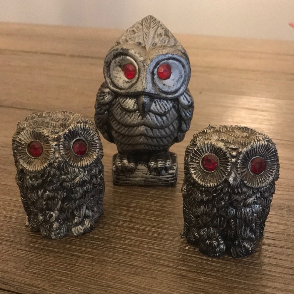 Vintage resin owls red eyes Italy and one plastic red eyed owl in armor